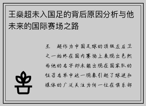 王燊超未入国足的背后原因分析与他未来的国际赛场之路 王燊超未入国足的背后原因分析与他未来的国际赛场之路